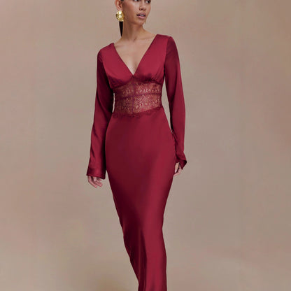 red lace patchwork V-neck satin hip maxi dress