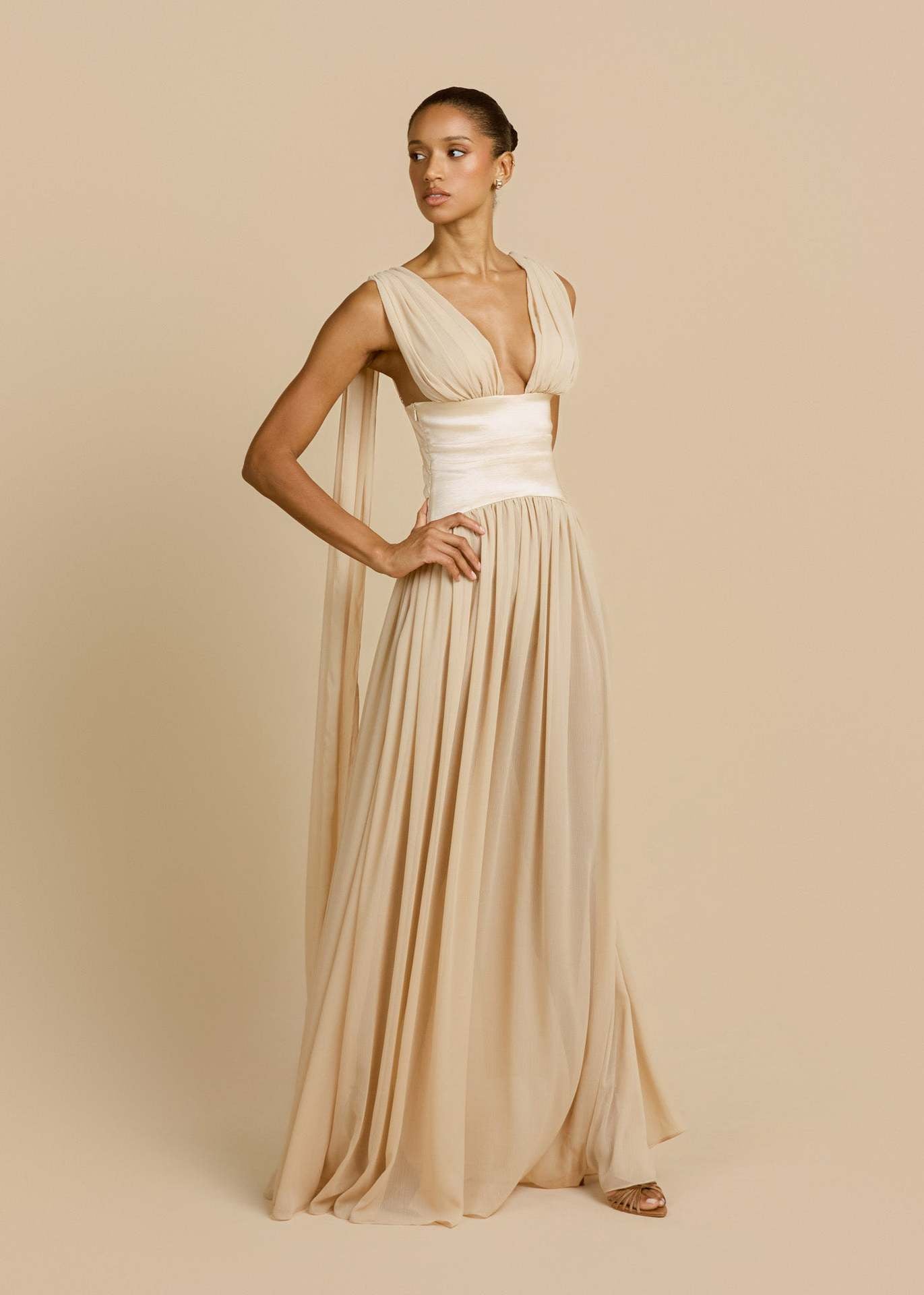 apricot swing pleated waist maxi dress