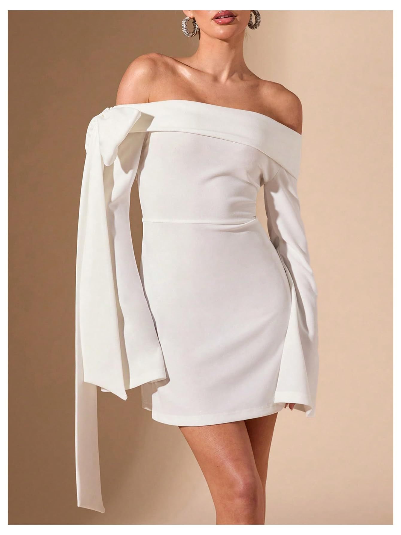 white Off-the-Shoulder Flared Sleeve Mini Dress