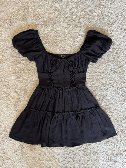 black bow tie puff sleeve flush lace  dress