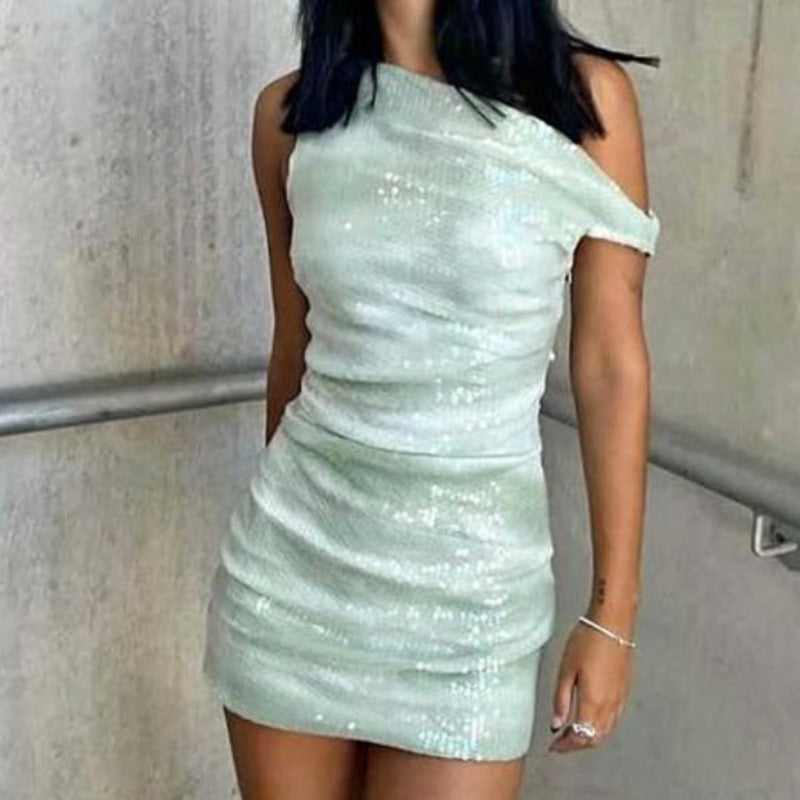 Off-shoulder sequined suspender bodycon mini dress