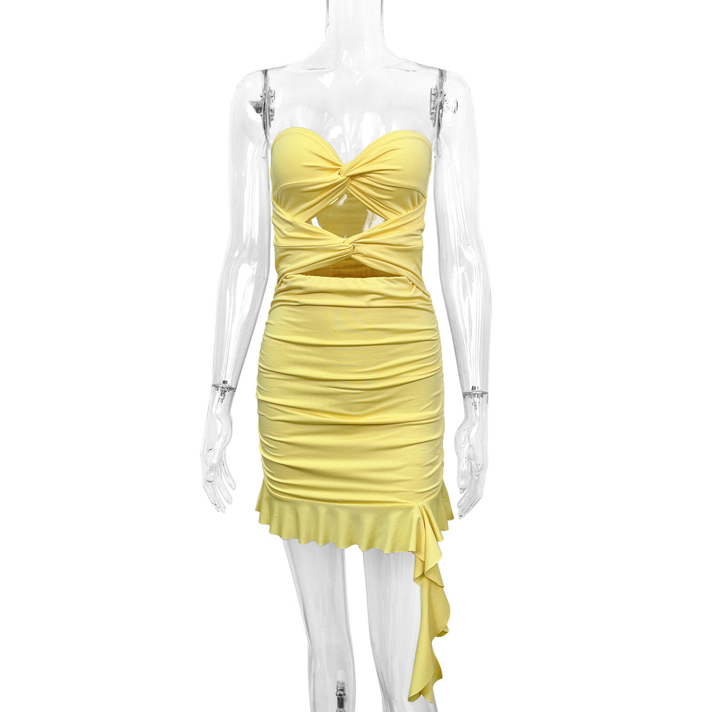 yellow Strapless ruffled bodycon mini dress