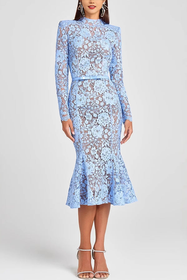 blue Lace Cut-Through Lace Cut-Out Belt Long Sleeve Mermaid Dress