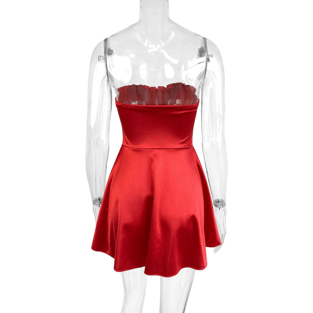 red A-line off-shoulder sleeveless mini dress