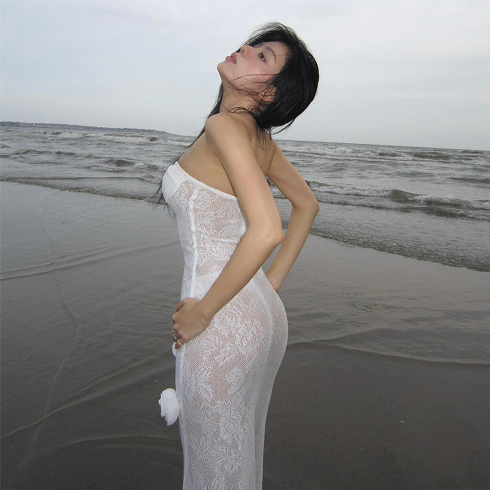 Sheer lace strapless dress with three-dimensional floral fishtail skirt - white