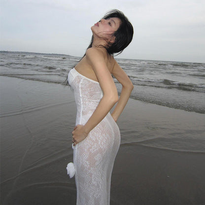 letitia white Lace strapless 3D floral mermaid dress