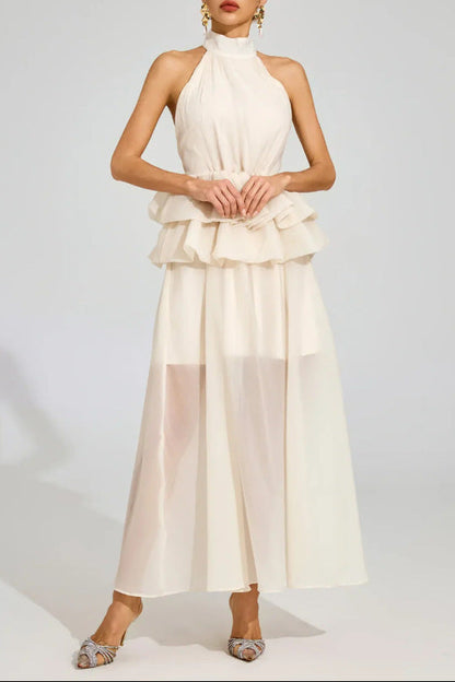 apricot sleeveless halterneck fluffy ruffled dress