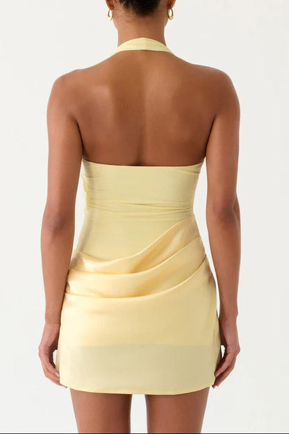 yellow flower halterneck hip pleated mini dress