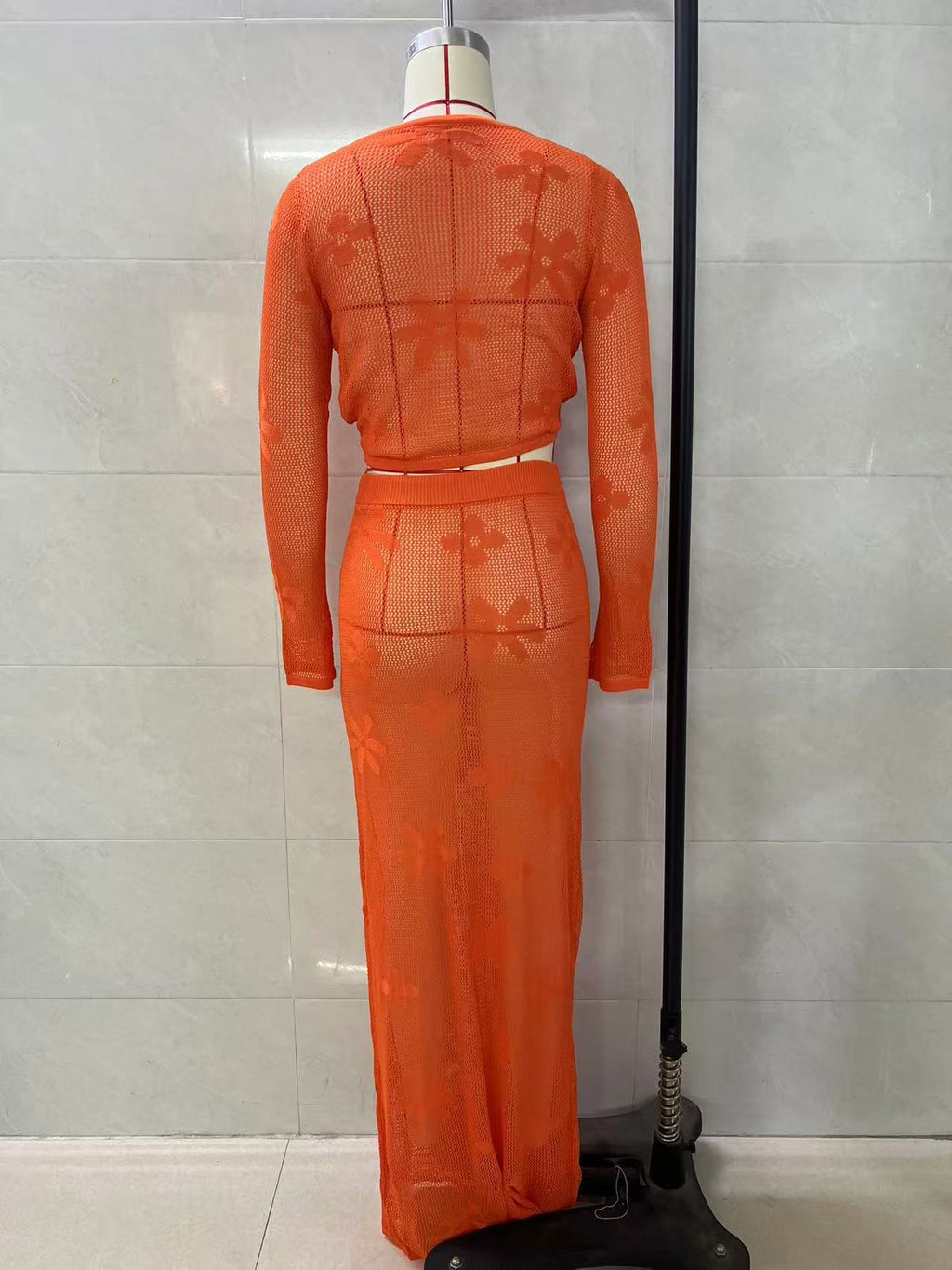 orange Hollow-out long-sleeved knitted two-piece skirt set