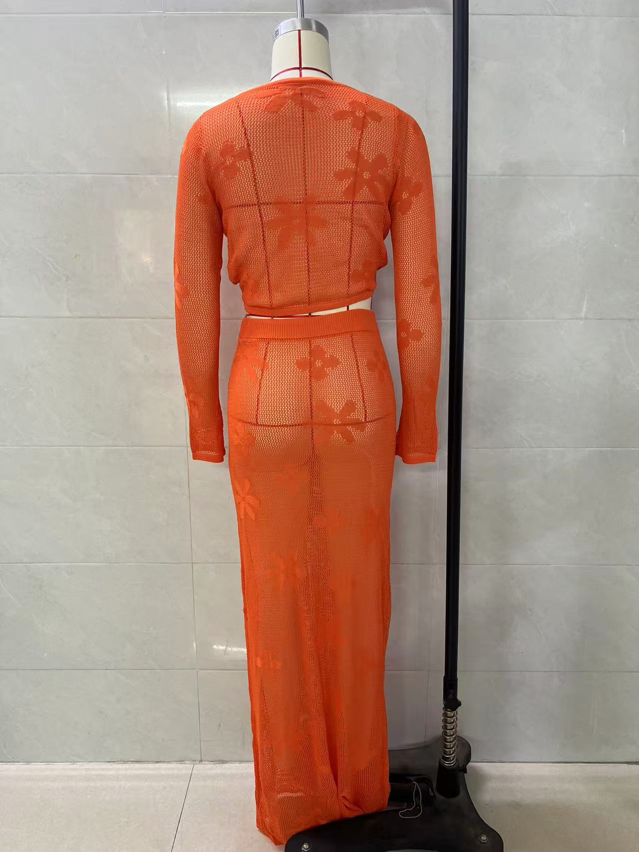 orange Hollow-out long-sleeved knitted two-piece skirt set