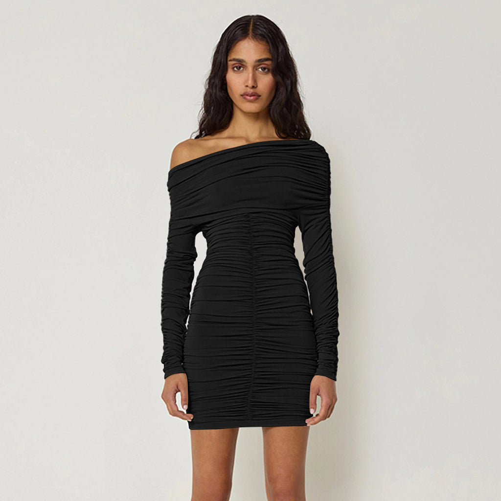 black Off-the-shoulder long sleeve  pleated bodycon mini dress