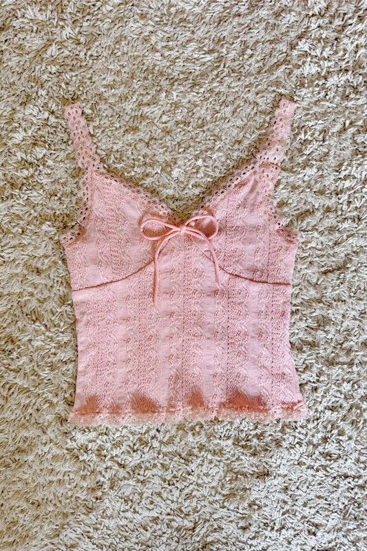 Cut-out Lace Embossed Pattern Bow High-Waisted Short Camisole Top