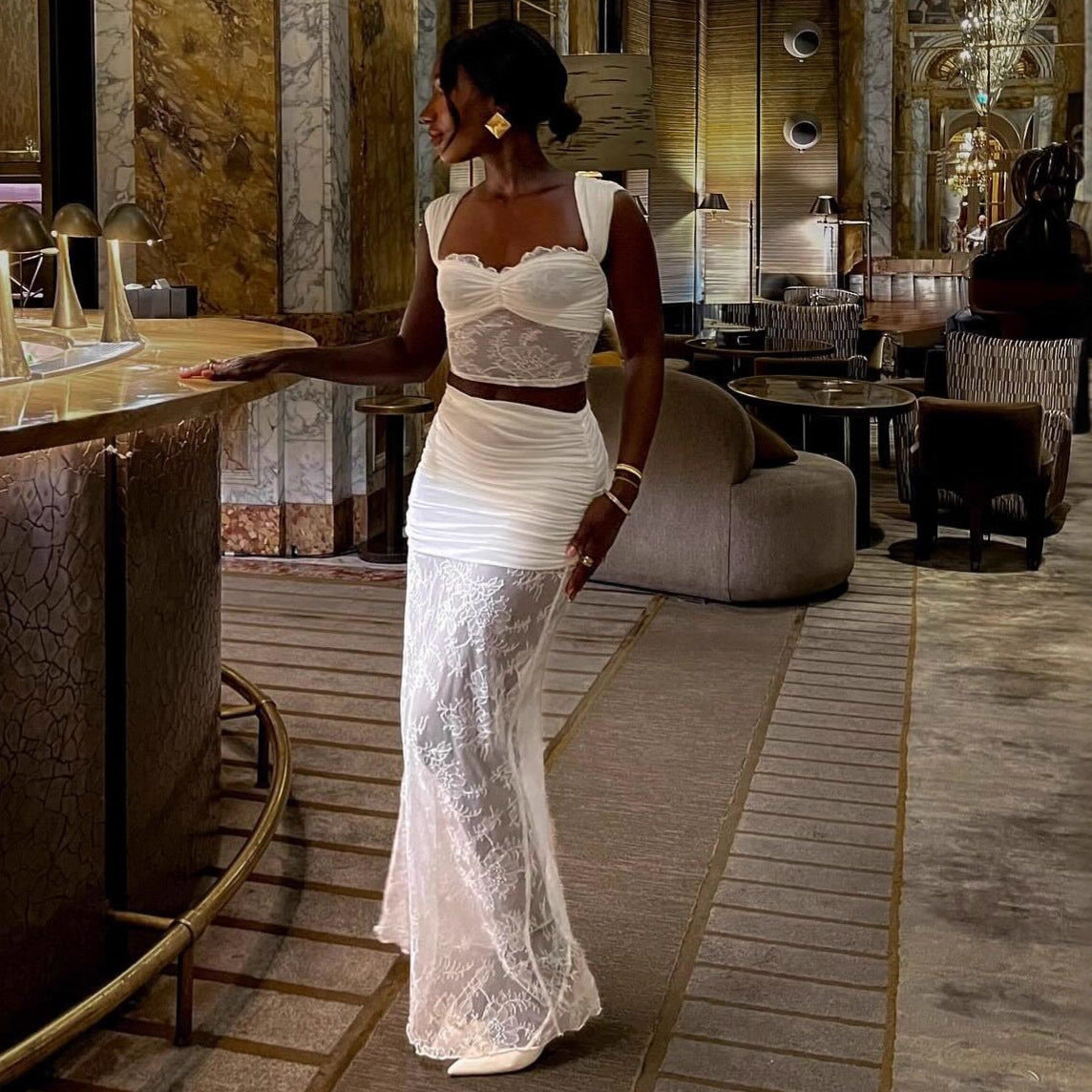 white lace suit skirt  see-through top skirt two-piece set