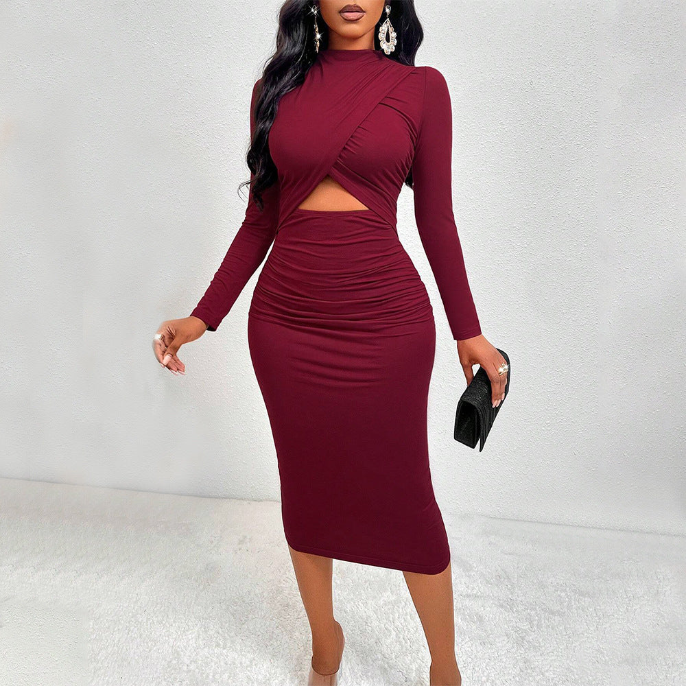 norma red Hollow-out long-sleeved bodycon dress