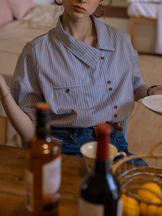 blend stripe placket collar short sleeve design shirt