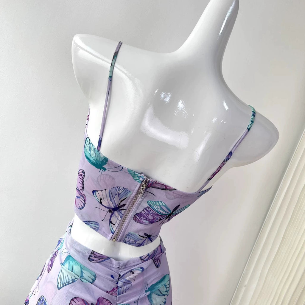butterfly suspender mesh print fishbone skirt set