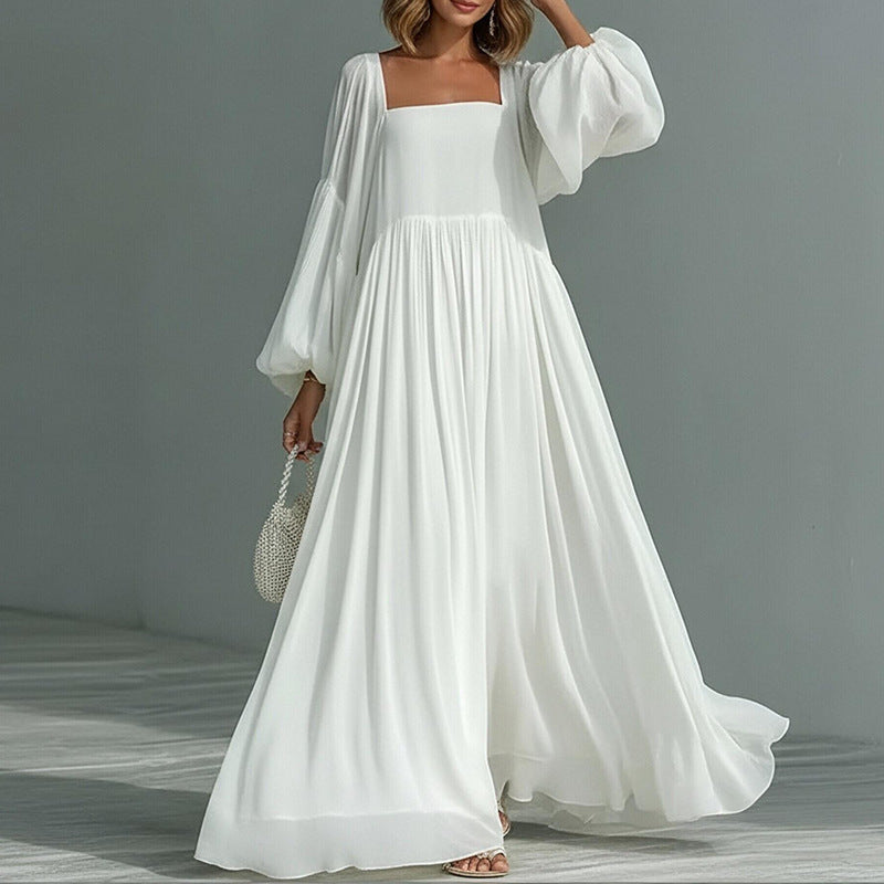 white square neck lantern sleeve dress