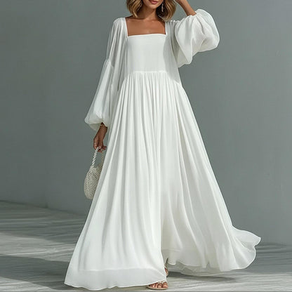 white square neck lantern sleeve dress