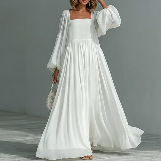 white square neck lantern sleeve dress