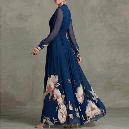blue long sleeve printed V-neck maxi dress