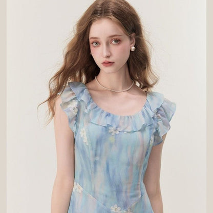Gradient floral print U-neck maxi dress - blue
