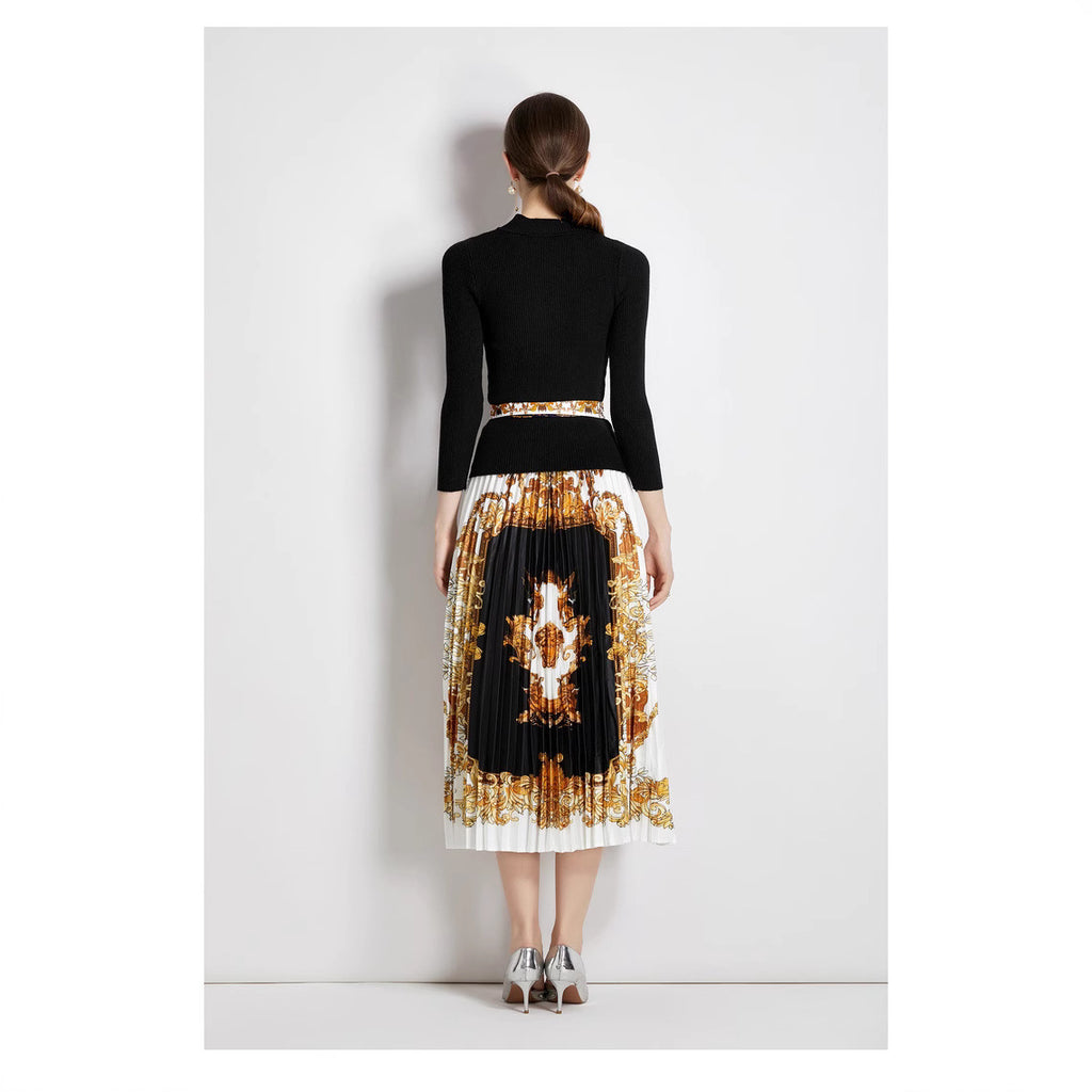 Two-piece knit top and printed pleated skirt set