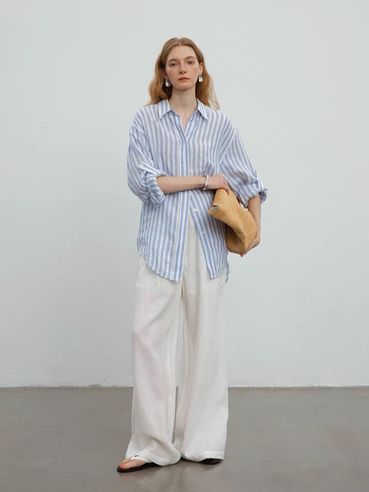 blue and white Linen-Dyed Relaxed Silhouette Striped Shirt