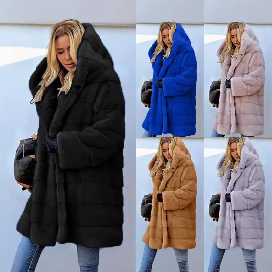 Solid Color Long Sleeve Faux Fur Hooded Warm Fur Jacket