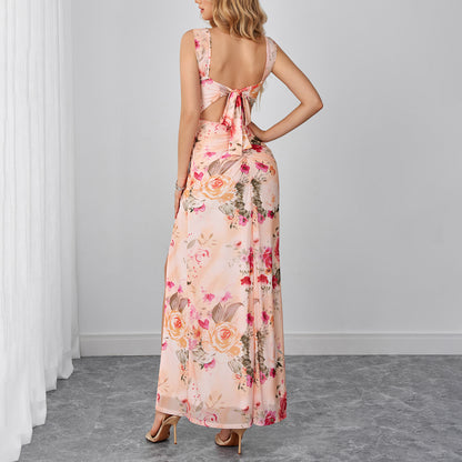 floral printed slip slit backless pleated dress