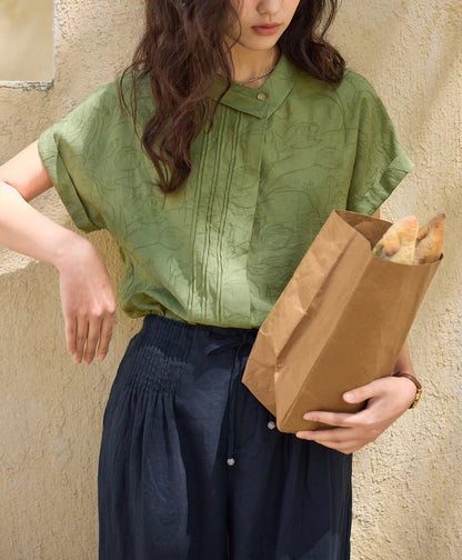 green linen jacquard asymmetrical lapel short sleeve shirt
