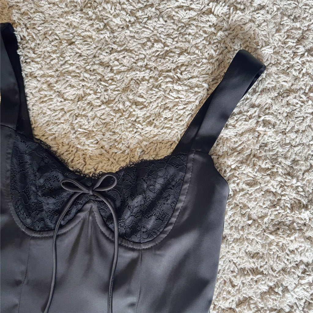vintage lace paneled bow lace-up black satin glossy cropped suspender top