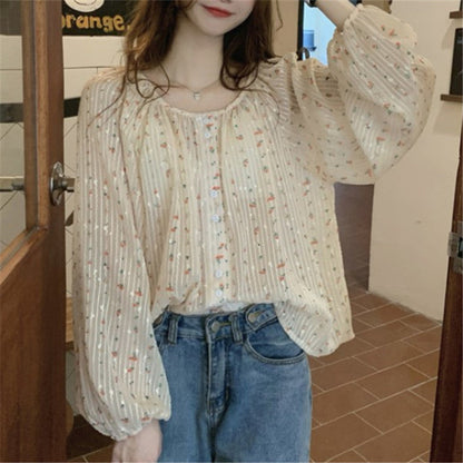 Thin chiffon floral long-sleeved shirt