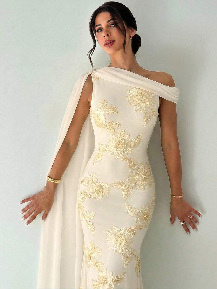 apricot three-dimensional floral hip hugging sloping shoulder streamer maxi dress