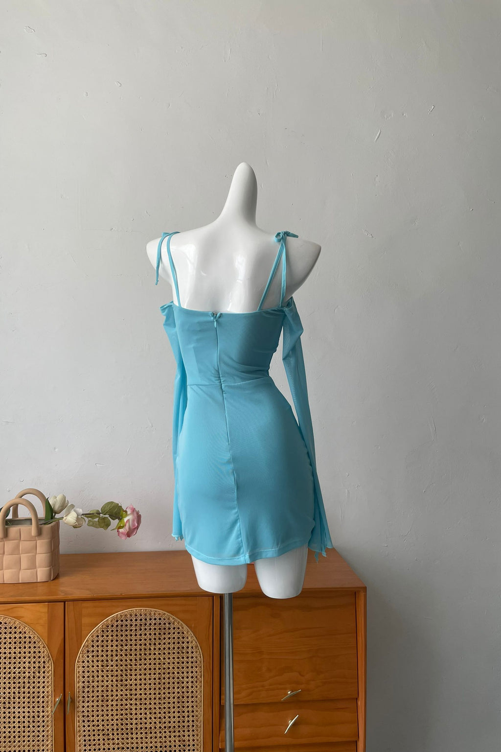 blue ruffled sleeve bandeau camisole dress
