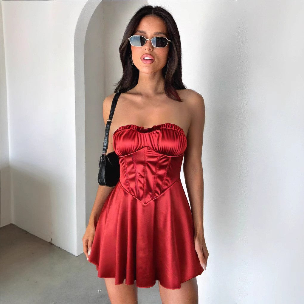 red A-line off-shoulder sleeveless mini dress