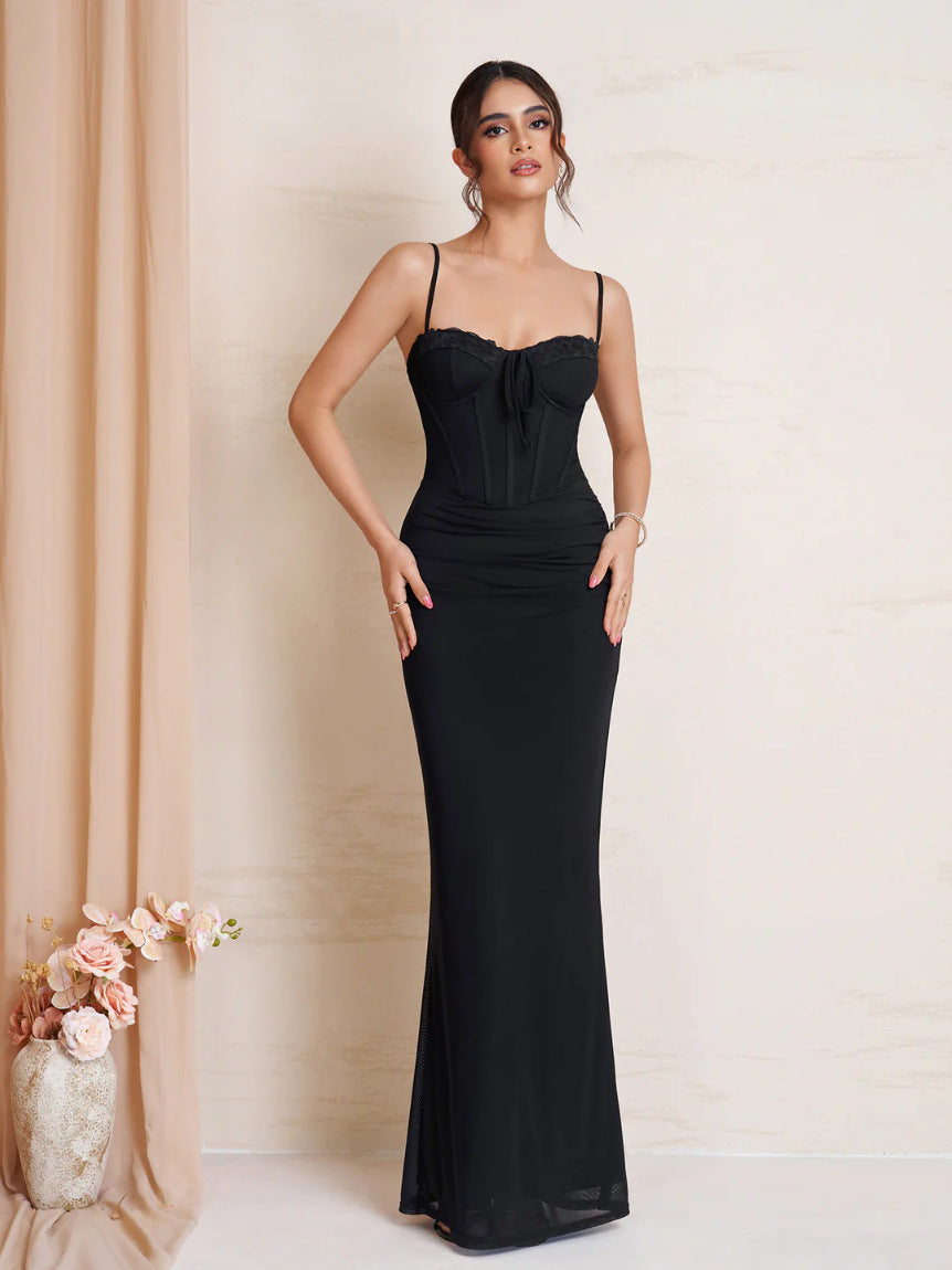 black suspender mesh lace patchwork lace-up pleated dress