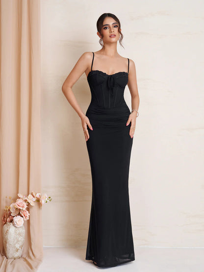 black suspender mesh lace patchwork lace-up pleated dress
