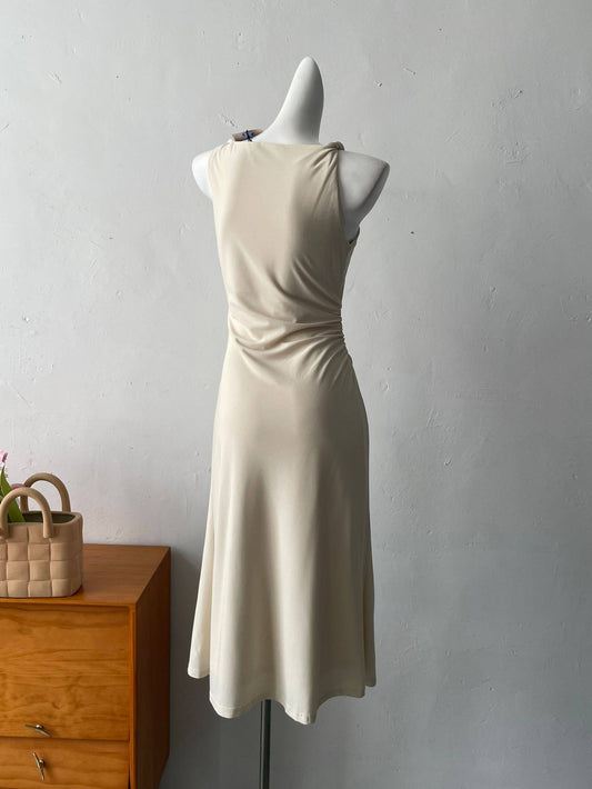 twisted suspender waist slimming midi dress