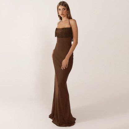 Tassel stitching halterneck backless high waist dress