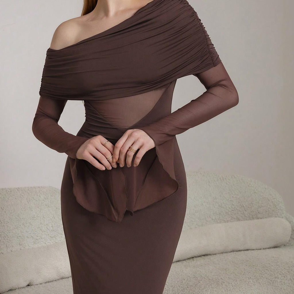 brown one-shoulder long-sleeved maxi dress