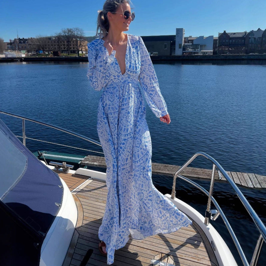 blue printed long sleeve backless maxi dress