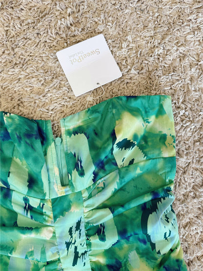 tie-dye gradient U-neck pleated wrap body bandeau dress