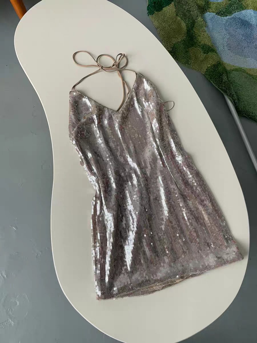 sequin suspender backless mini dress