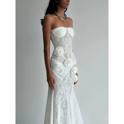 letitia white Lace strapless 3D floral mermaid dress