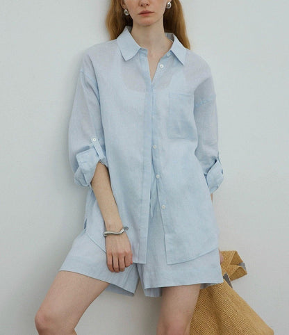 White linen oversized shirt and shorts set