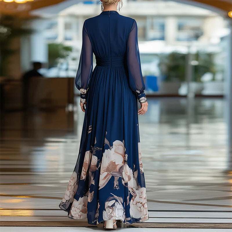 blue long sleeve printed V-neck maxi dress