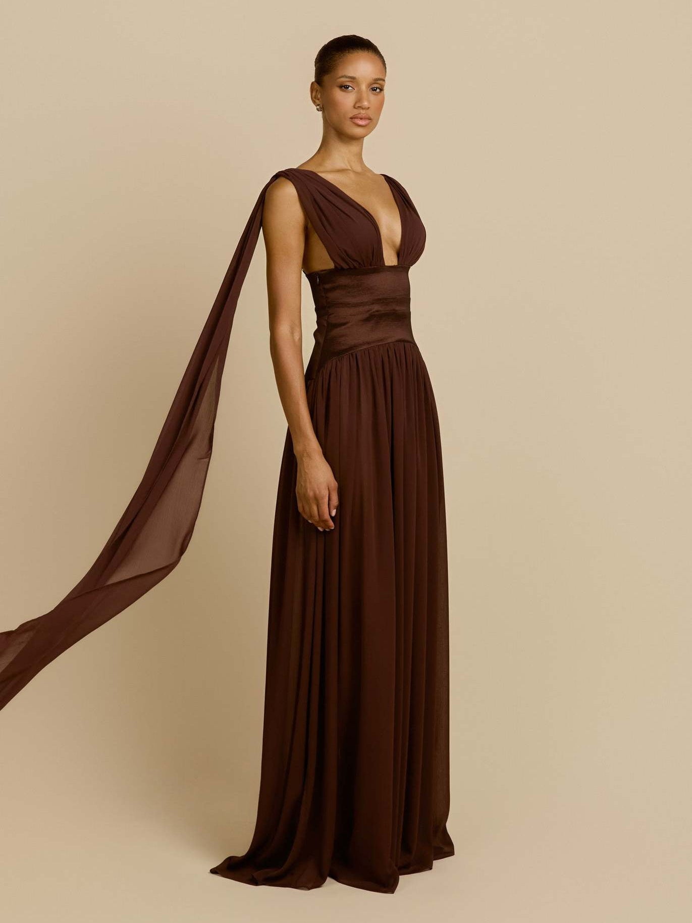 brown swing pleated waist maxi dress