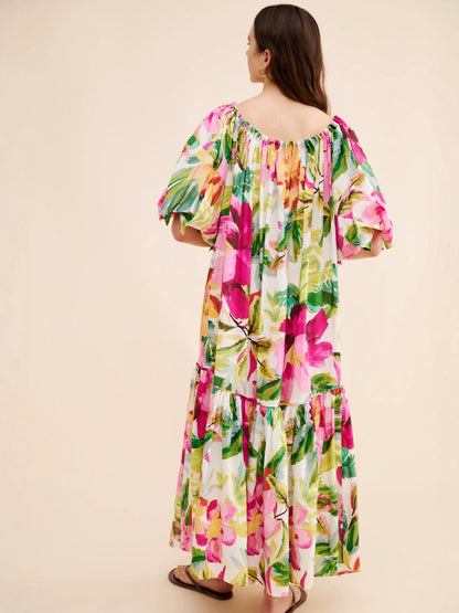 Floral print square neck puff sleeve maxi dress
