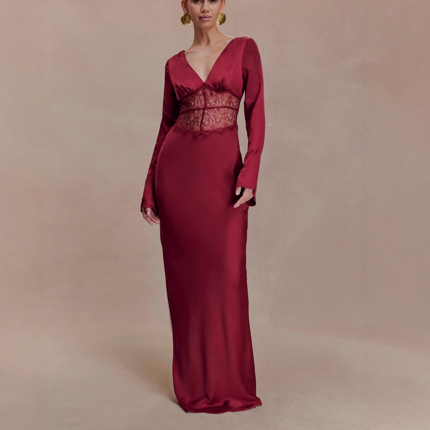 red lace patchwork V-neck satin hip maxi dress
