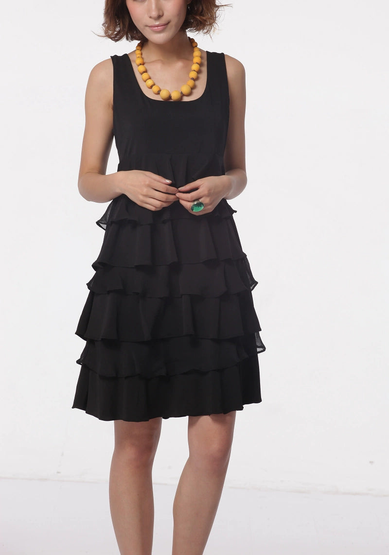 black knitted chiffon sleeveless vest A-line mini dress